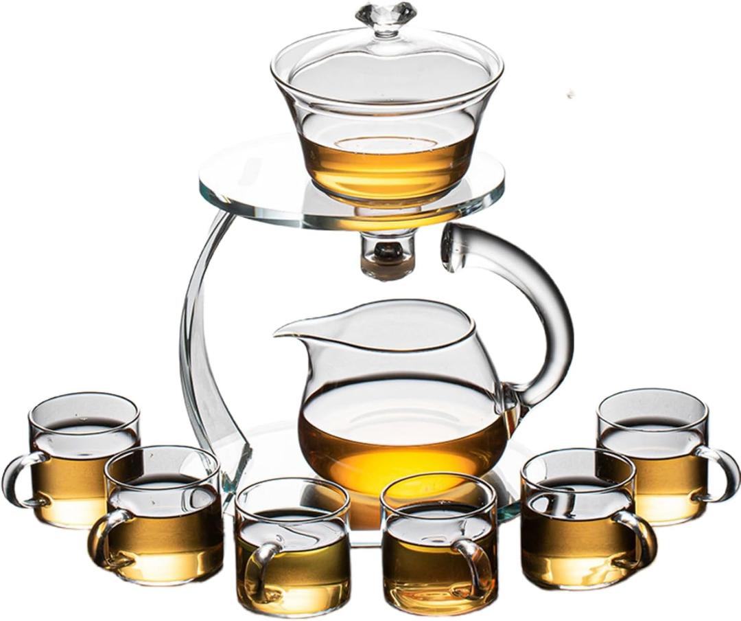 Glass Teapot Set Semi Automatic Drip Rotating with Infuser Chinese Heat-Resistant Lazy Kungfu Tea Set (Clear, Teapot Set)