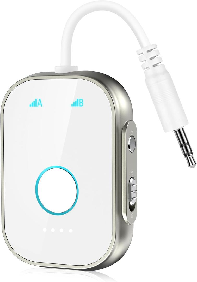 Bluetooth Transmitter Receiver, 2-in1 Bluetooth Adapter for Airplane, 5.3 Transmitter for TVs, Gym Equipment, Cars,Use with 3.5mm Jack and RCA Cable (white)