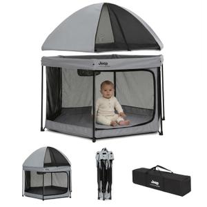 Jeep Hexagon Pop Up Play Yard with Removable Canopy | Ideal for Indoor and Outdoor Use, Grey
