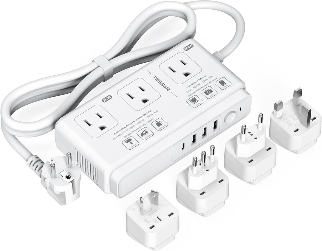 220V to 110V Voltage Converter, TESSAN Universal Travel Adapter with 4 USB Charger (1 USB C), 3 AC Sockets and EU/UK/AU/IT Plug Power Adaptor, Step Down Transformer Outlet Converters for International (White)