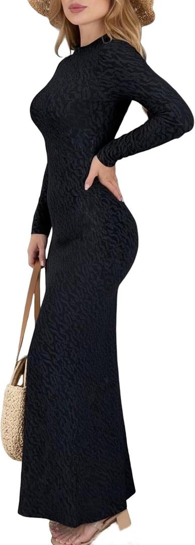 Uni Clau Long Sleeve Bodycon Maxi Dress for Women Elegant Crew Neck Textured Slim Fit Fall Party Dresses