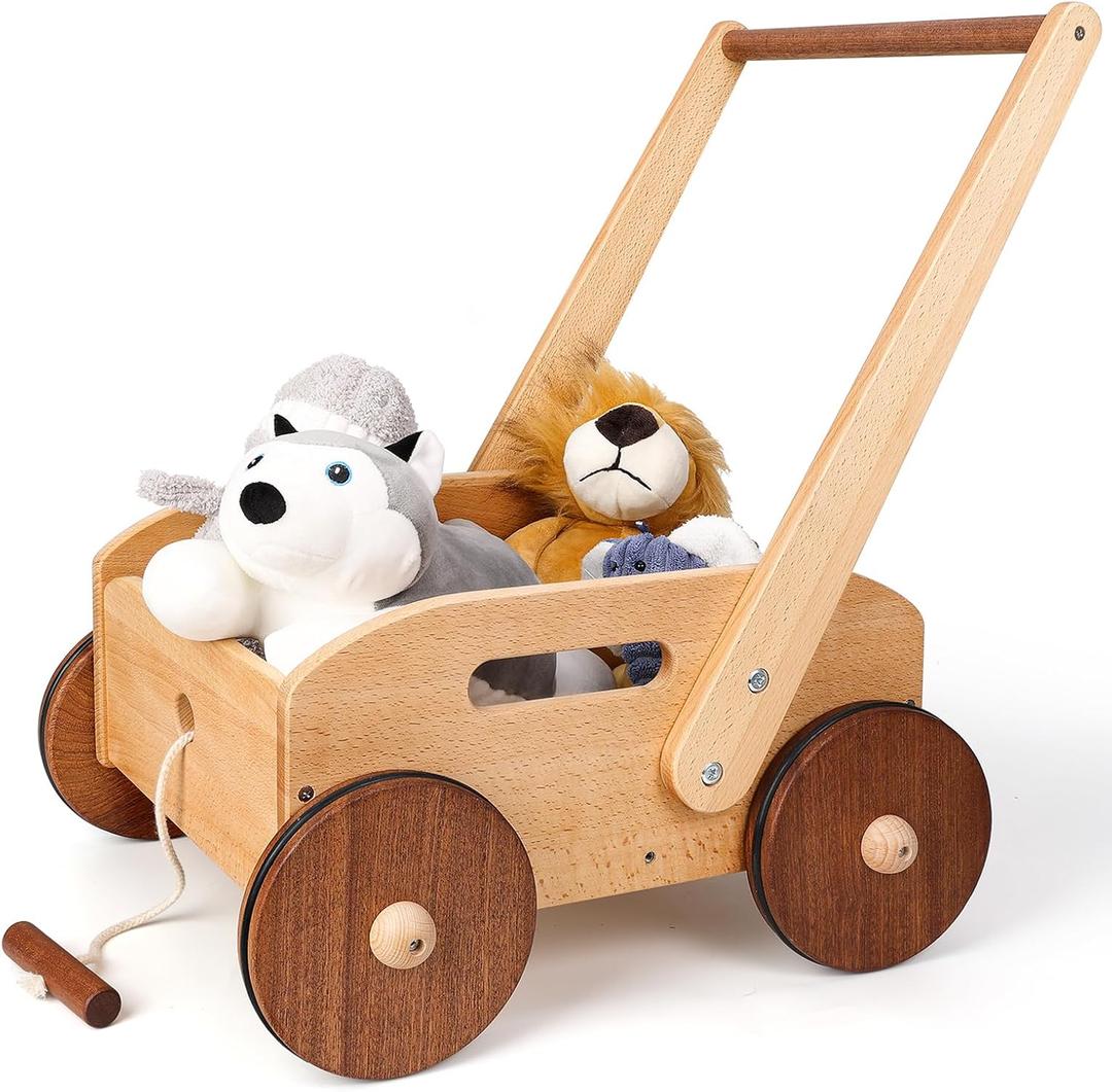 Woodtoe Wooden Baby Walker, Adjustable Speed Baby Push Walker, Montessori Push Toys for Babies Learning to Walk, Educational Walking Toys Gift for Toddler Boys Girls 1-3 Years Old 