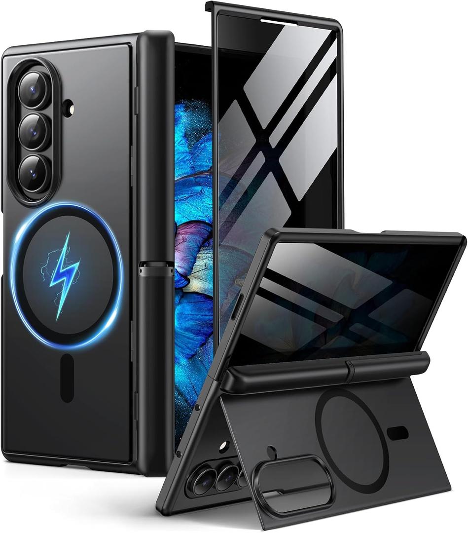 BERFY for Samsung Galaxy Z Fold 7 Case with Privacy Screen Protector, [Compatible with MagSafe][Anti Spy] Built-in Hidden Kickstand, Full-Body Shockproof Slim Phone Case for Z Fold 7, Jet Black