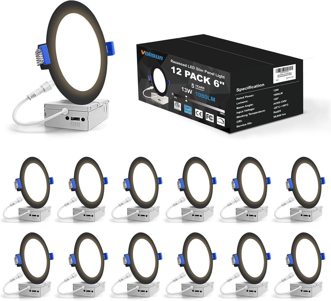 VOLISUN 12 Pack 6 inch Recessed Lighting, 5CCT LED Recessed Light Black, 2700K-5000K Selectable, 13W Eqv 120W, 1080LM Dimmable Canless Wafer Downlight, LED Ceiling Light ETL Certificated