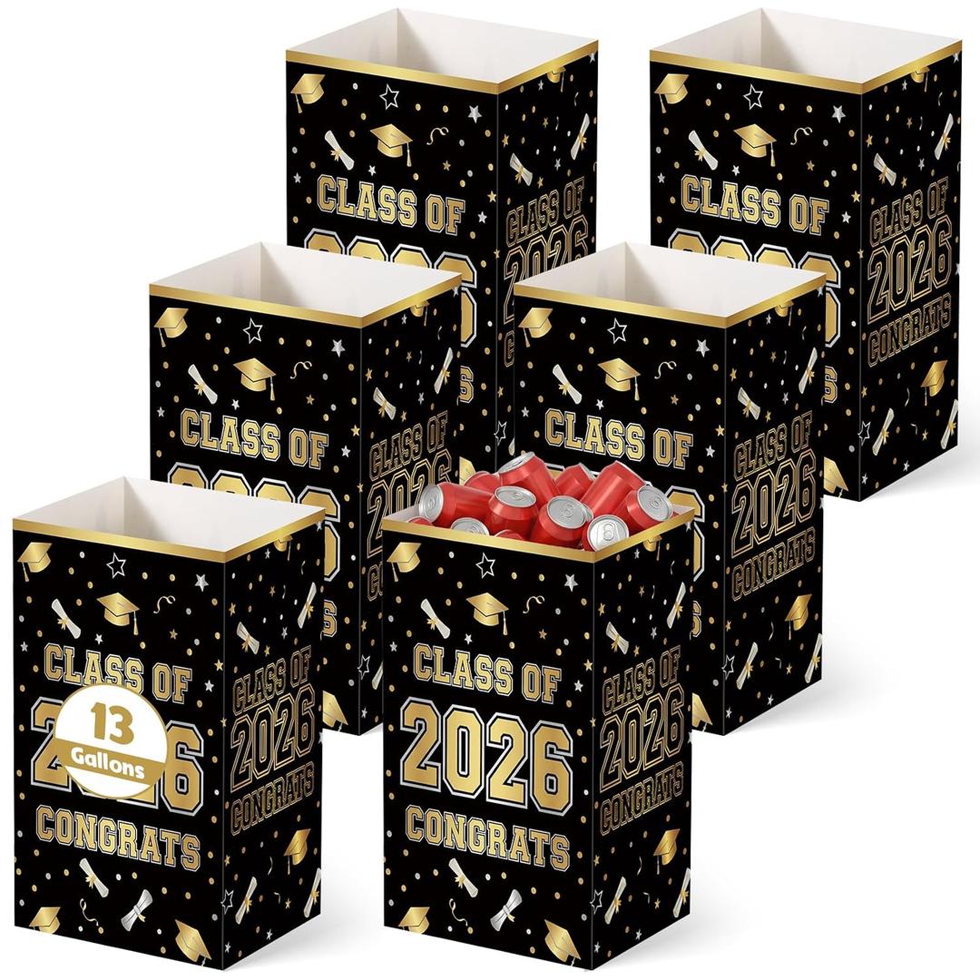 Tinlade 6 Pack 2026 Black and Gold Graduation Decoration 13 Gallon Disposable Trash Cans for Parties Class of 2026 Garbage Pop up Trash Can Home Recycle Bins Large Foldable for Graduation Party