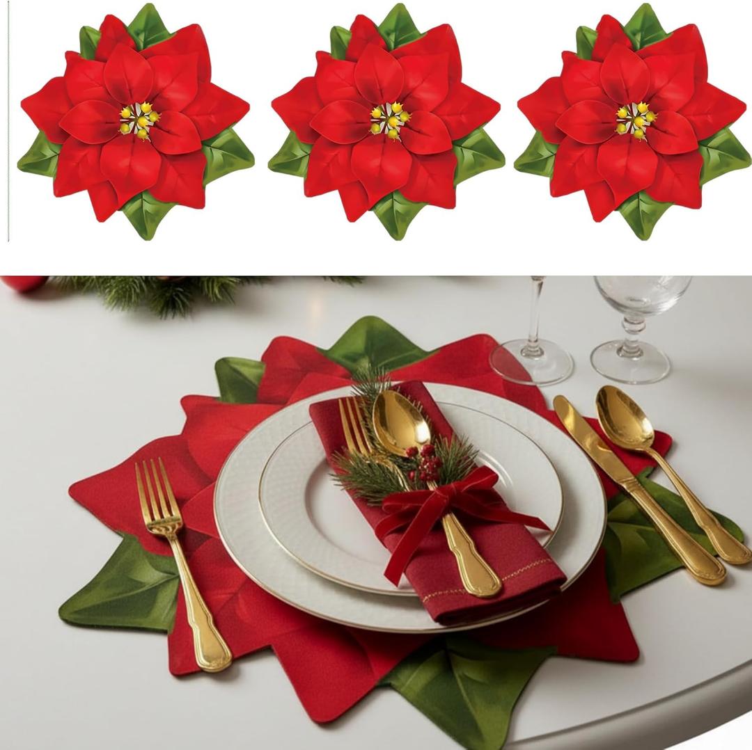 Remerry 6 Pcs Leather Christmas Poinsettia Placemats Poinsettia Shape Table Mats Washable Christmas Placemats Set of 6 for Indoor Outdoor Party Kitchen Winter Dining Table Decor Gifts