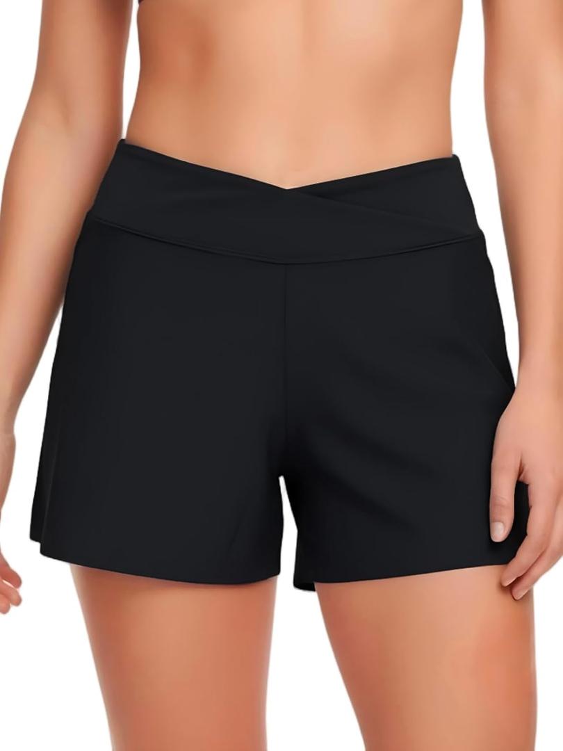 Women's Swim Shorts Bathing Suit Shorts High Waisted Bikini Bottoms Swimsuit Board Short Tankini Swimwear Bottoms (Medium, Black)