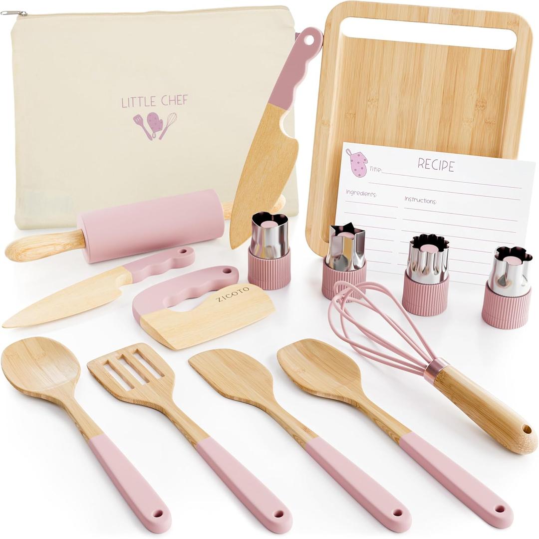 Wooden Cooking & Baking Set for Kids - Safe & Real Kitchen Tools Give Toddlers a Fun Cooking Experience - Durable Utensils are Perfect for Gifting to Create Lasting Family Memories (Pink)