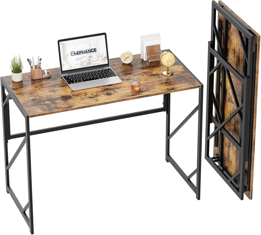 Elephance Folding Desk Writing Computer Desk for Home Office, No-Assembly Study Office Desk Foldable Table for Small Spaces (39.4 inch, Rustic Brown)
