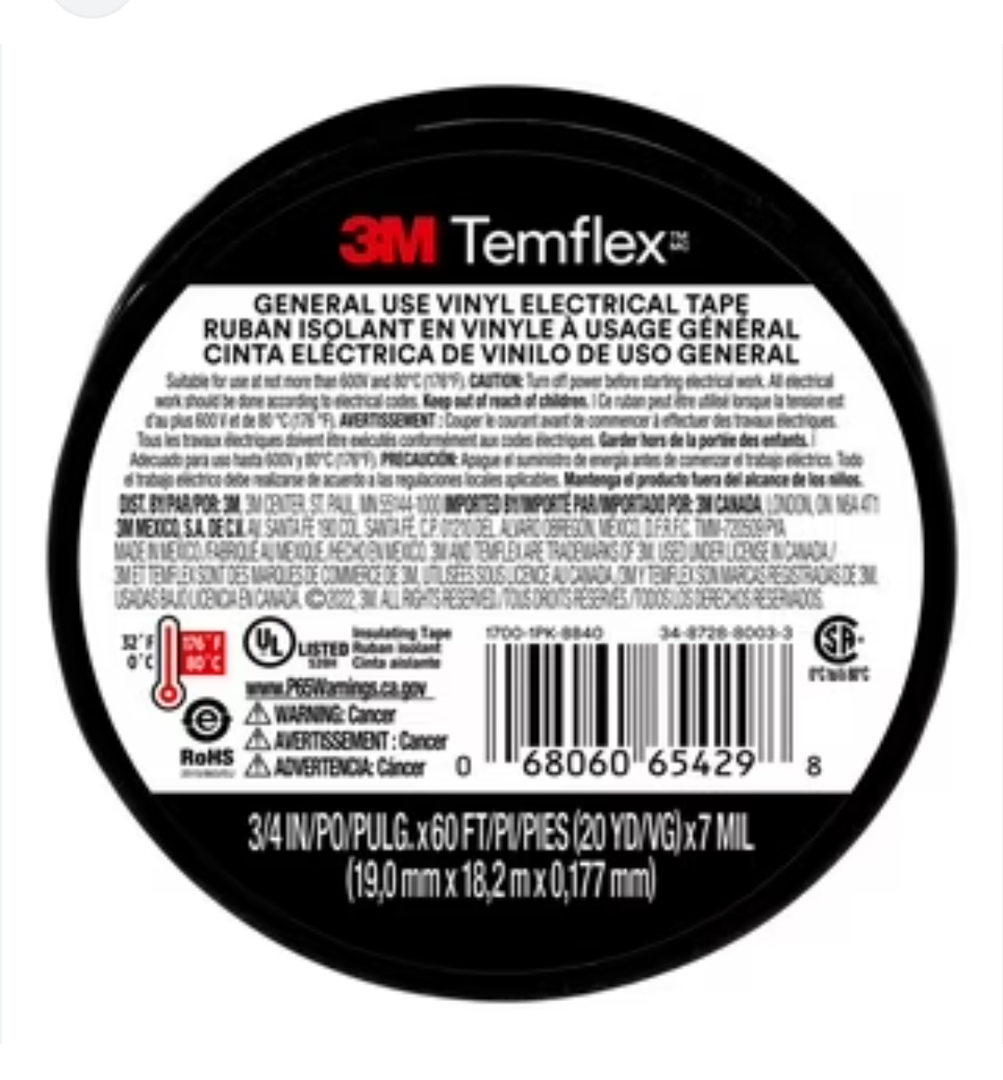 3M Temflex Vinyl Electrical Tape, 1700, 3/4 in x 60 ft, Black 1.5core 2