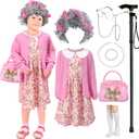 Zivyes Old Lady Costume 100 Days of School Costumes Granny Wig Glasses Necklace Grandma Dress Up Accessories(Pink, L)