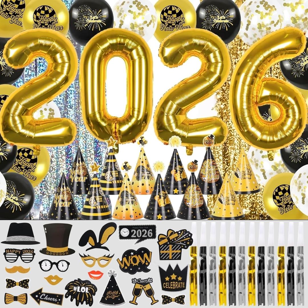 69PCS New Years Eve Party Supplies 2026 - Happy New Year Cone Hats, 2026 Balloon, Fringe Curtains, Photo Booth Props, Noise Makers for NYE Party Decorations 2026