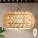 Rattan Farmhouse Chandelier for Dining Room, 19.7 Inch 5-Lights(Bulbs Included) Boho Chandelier for Bedroom Living Room Foyer Entryway, Rustic Dining Room Light Fixtures Over Table (Round-Curved Edge)