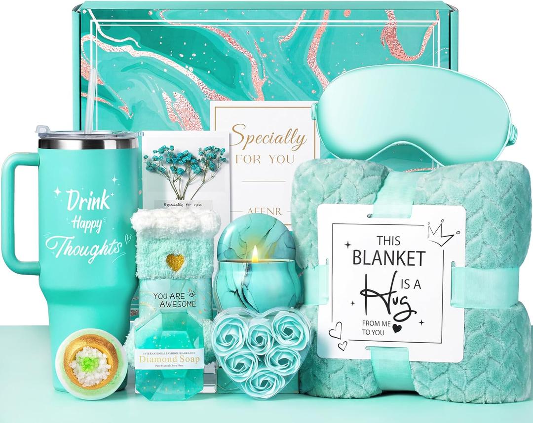 Birthday Gifts for Women, Valentines Day Gifts for Her, Self Care Get Well Soon Gift Baskets for Mom Sister Wife Girlfriend, Ocean Relaxing Spa Care Package w/Blanket 40 OZ Tumbler - Mothers Day 