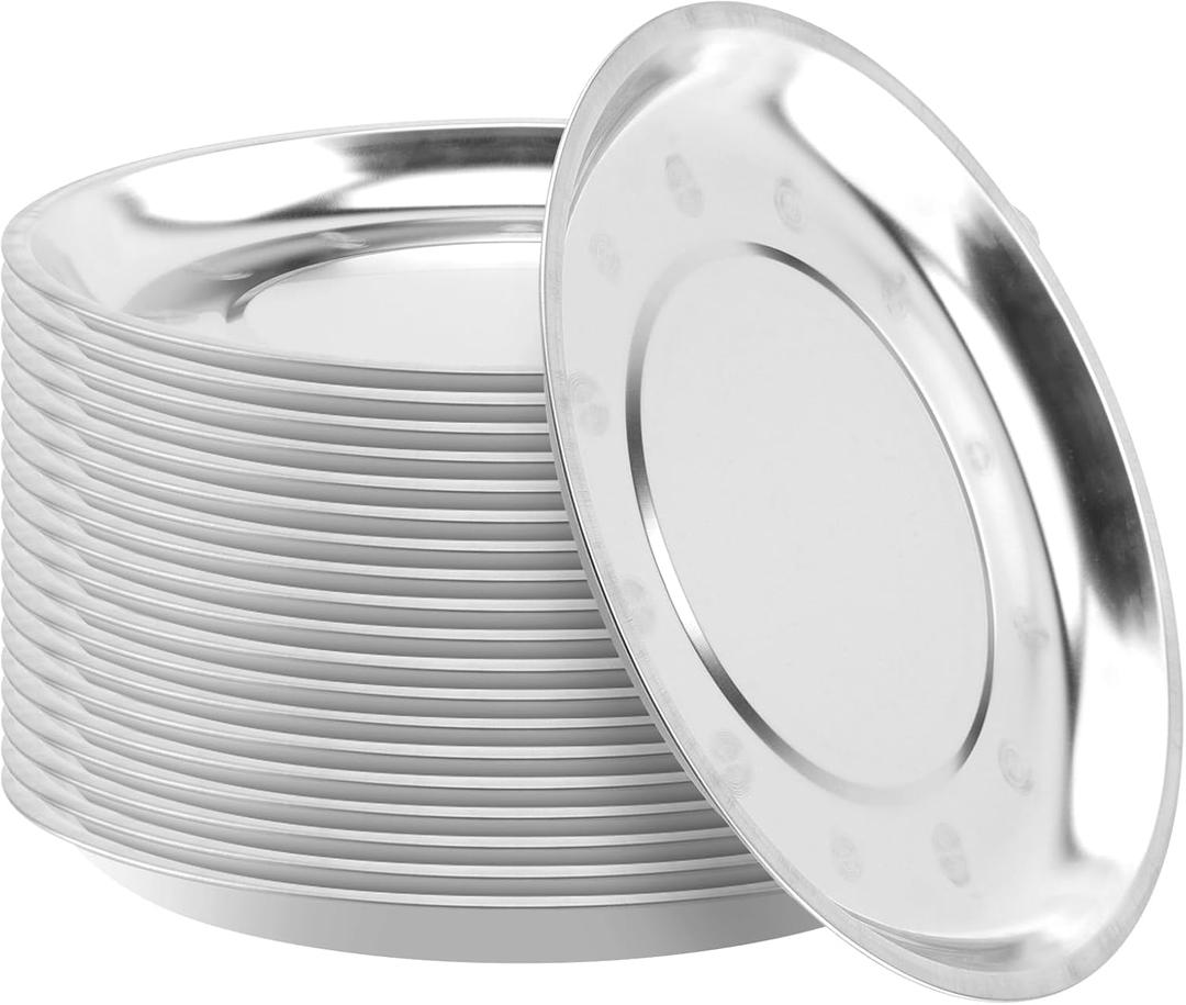 20 Pack 10 Inch Stainless Steel Dinner Plates, Round Metal Dish Plates, Practical Serving Plates for Fruit, Meals, Desserts, Barbeques, Silvery