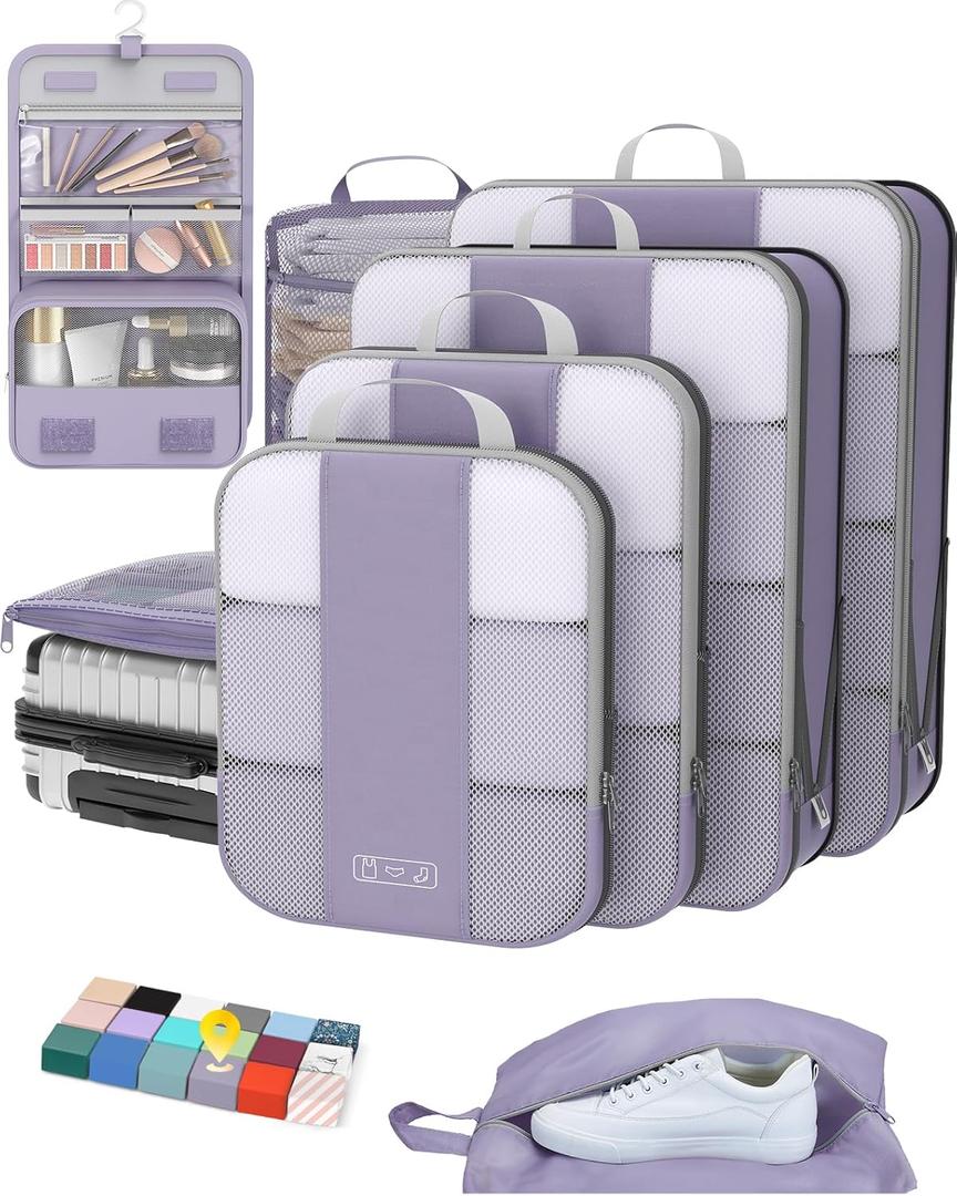 8 Set Compression Packing Cubes for Travel Essentials, Compressible Expandable Packing Cubes for Suitcase, Olar Hike Luggage Organizer Bags for Travel, Handy Helper for Organizing Clothes(Purple Gray)