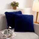 XeGe Faux Fur Throw Pillow Covers, Shaggy Fluffy Cushion Covers, Plush Furry Pillow Cases, Fuzzy Decorative Pillow Shams with Zipper Set of 2 for Sofa Bed Couch Living Room (18''x18'', Navy Blue)
