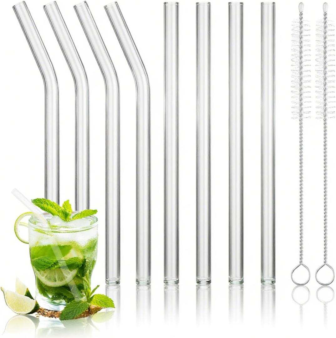 8 Pcs Reusable Glass Straws Shatter Resistant, 6 x 8mm Short Glass Drinking Straws with 2 Cleaning Brush, Including 4 Straight & 4 Bent Reusable Straws for Beverages, Juices, Milk, Coffee (Clear)