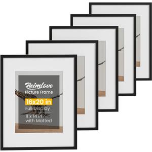 Heimlove 16x20 Picture Frames with Mat to Display 11x14 Picture Set of 5, Plastic Black Photo Frame for Poster, Diploma, Certificate and Document with Gallery Wall Frame Set (5 Pack(Black), 16x20 mat to 11x14)
