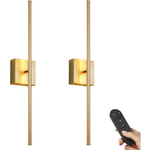 Battery Operated Wall Sconces with Remote Control, Dimmable Wall Sconces Set of Two, 350Rotate, 3000K LED Gold Wireless Wall Light for Living Room, Hallway, Bedroom, 28.3 Inch (2 Pack)