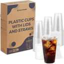 100 Pack 16 oz Clear Plastic Cups with Lids and Straws, Organized Dispenser Box, Heavy Duty Disposable Iced Coffee Cups, Crystal Clear Smoothie To Go Cups, PET, BPA Free