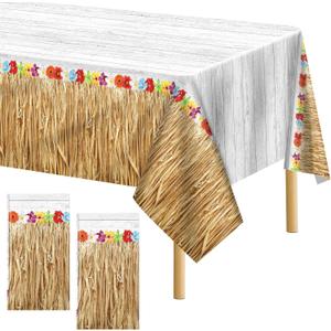 durony 2 Pack Hawaii Plastic Tablecloth Hawaiian Brown Grass Tablecloth Table Cover 54 x 108 Inches Waterproof Hawaii Flowers Tablecloth Table Cover for Hawaii Tropical Party Decorations
