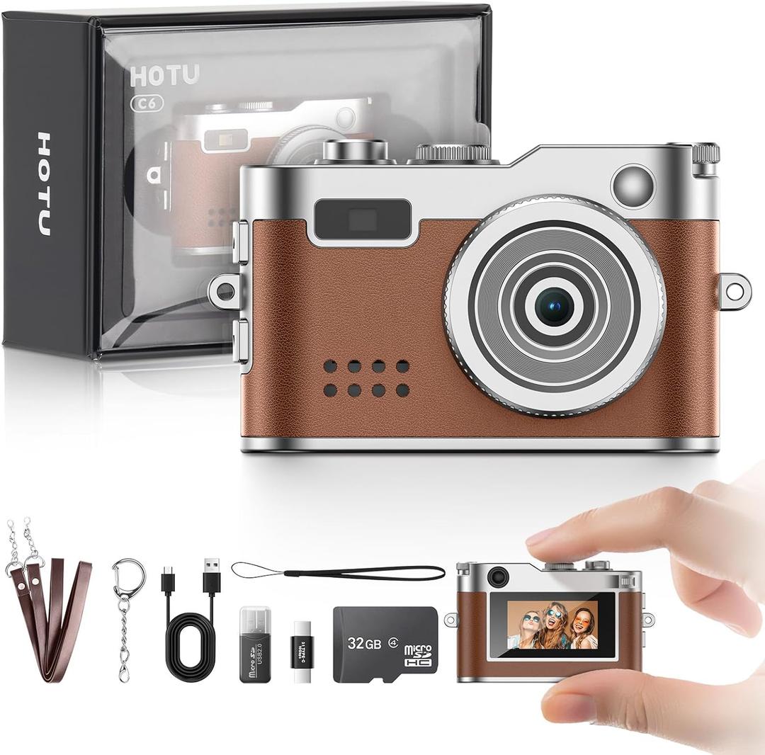 Mini Digital Camera, Keychain Camera 1080P HD with 2MP Lens, Flash, Video Recording, 32G Card Included, Portable and Compact Retro Vlog Camera for Travel, Kids, Brown
