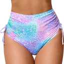 JOYBIK Women's High Waisted Full Coverage Bikini Bottoms Tummy Control Adjustable Drawstring Swim Bottoms, Large