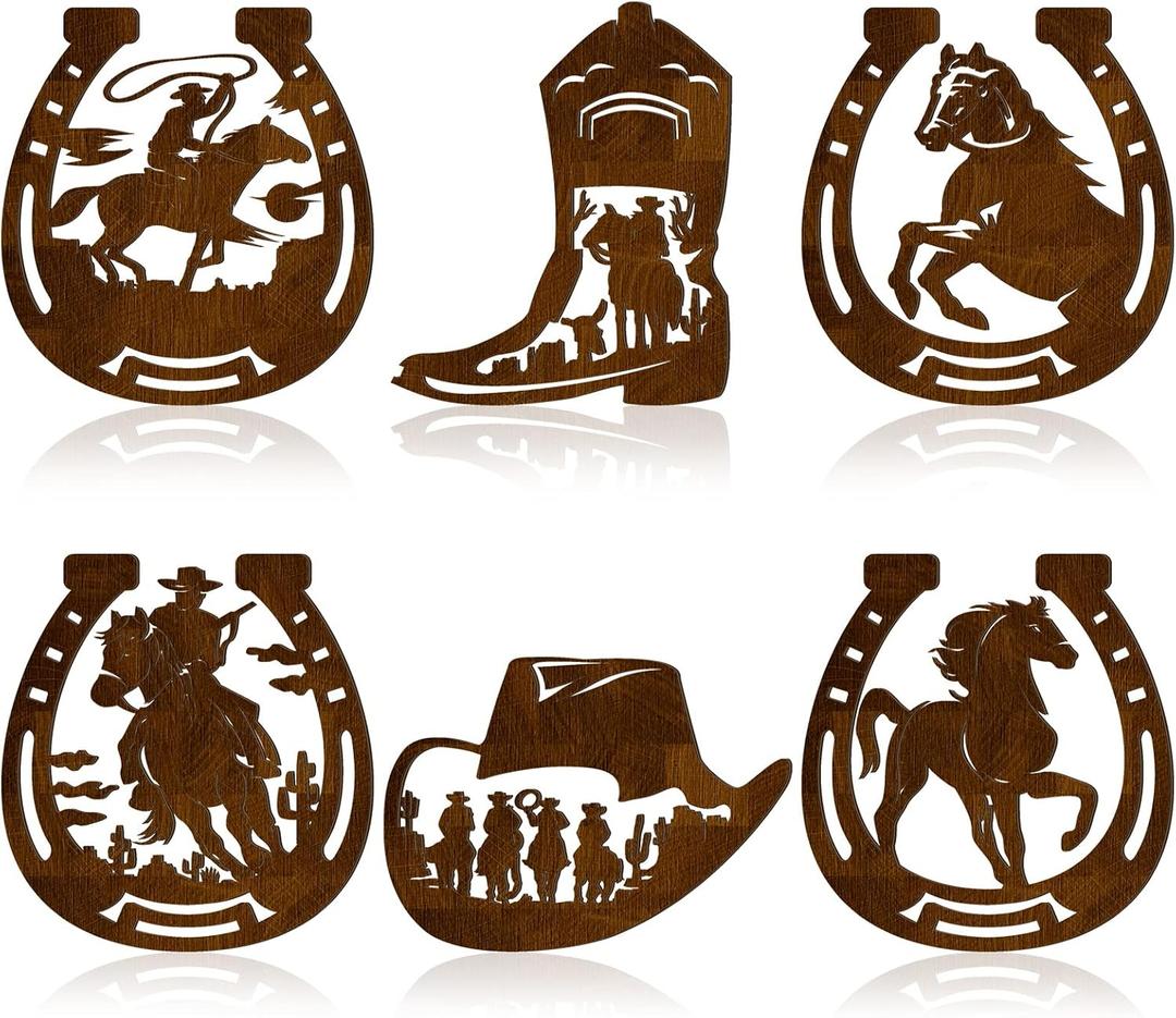 Therwen 6 Pcs Western Wall Decor Wood Wall Art Rustic Cowboy Hat Boot Saddle Deer Bear in the Forest Pine Tree Cow Decorations for Home Bedroom Kitchen(Horse,Brown)