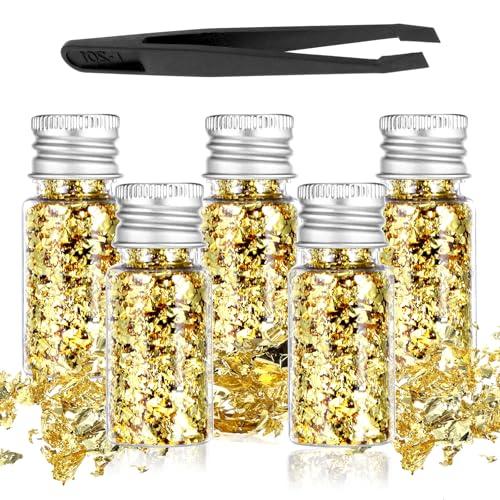 5Pcs Decorative Gold Leaf, Multifunction Gold Flakes Food Golden Leaf Cake Decoration Baking Golden Foil Chocolates Decor for Cooking Dessert Steak Decoration Crafts Painting Nail Arts Spa