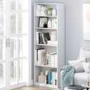 Furinno Jaya Book Shelf, 5-Tier Bookshelf, Bookcase with Adjustable Shelves, 9.5 x 24.5 x 71.2, for Organization and Storage, for Living Room, Bedroom, Home Office, White