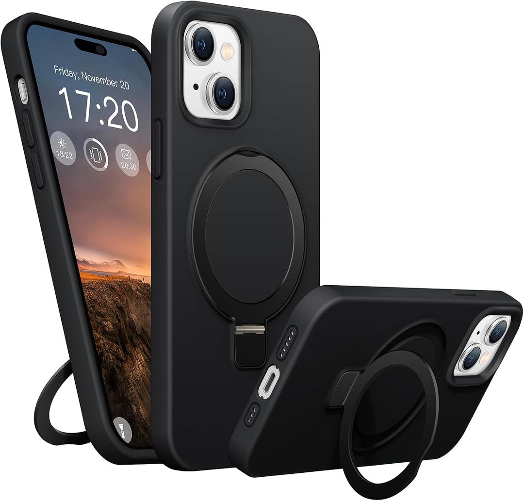 Soft Liquid Silicone Case for iPhone 13/14 with Magnetic Invisible Stand, Military Grade Shockproof Protection, Anti-Scratch Microfiber Lining Covers for iPhone 14/13, Black