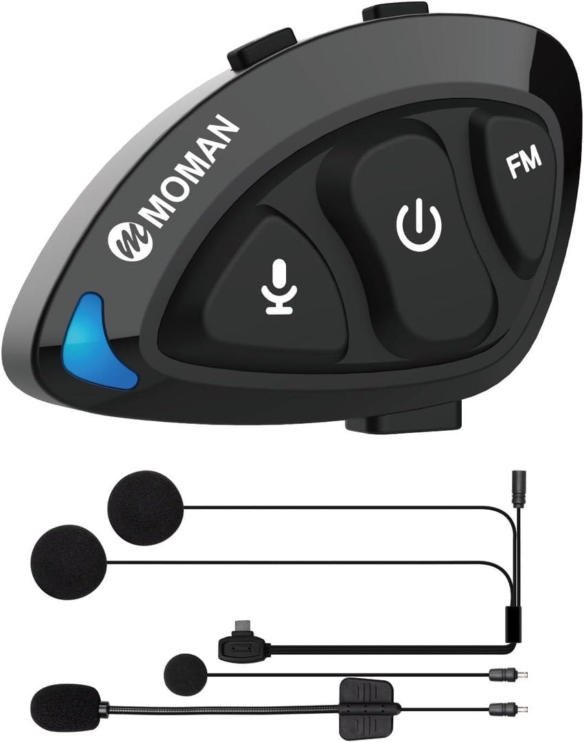 Moman Motorcycle Helmet Headset Speaker, RS-S Motorbike Helmet Headphone HiFi/Noise Cancellation/Auto Answer/FM Radio/AI Voice/IPX6 Waterproof with 2 Type Mics Earphone for All Helmets and Solo Riding (1 Pack)