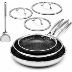 USELUCK Non Stick Frying Pan Set - 8, 10, 12-Inch Hybrid Non-Toxic Skillet with Lids - Dishwasher & Oven Safe, Induction Ready, Stainless Steel Kitchen Cookware Set (7-Pcs Set), C1-7-pcs