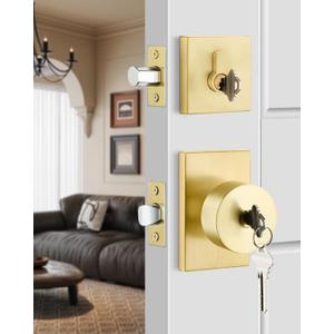 Haidms Gold Door Knob with Deadbolt, Heavy Duty Brushed Gold Exterior Door Lock Set, Zinc-Alloy Brushed Brass Front Door Knob and Deadbolt Set(1 Pack)