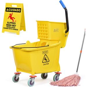 Matthew Cleaning 34 Quart Commercial Mop Bucket INCL.Wet String Mop with Side Press Wringer On Wheels, Heavy Duty Tandem Portable Floor Cleaning Wavebrake, Ideal for Household, Industrial, Restaurant (Yellow)