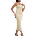 Women Ribbed Maxi Bodycon Tube Dress Summer Sexy Strapless Side Slit Long Formal Cocktail Party Wedding Guest Dress (US, Alpha, Small, Regular, Regular, Beige) (S)