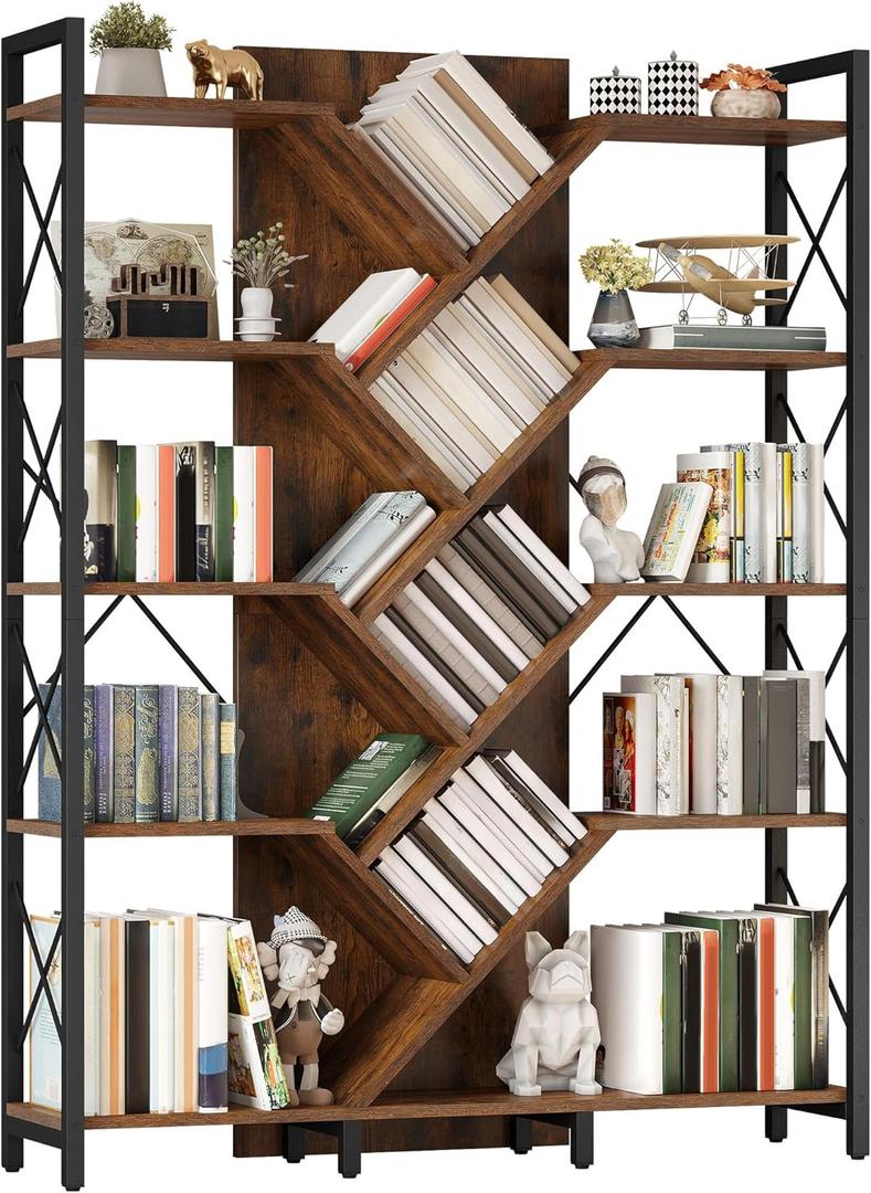 YITAHOME Industrial Tree Bookshelf, Large 5 Tier Bookcase Tall Standing Book Shelves Organizer Display Rack for Living Room Home Office, Rustic Brown (11.8"D x 55.1"W x 70.8"H)