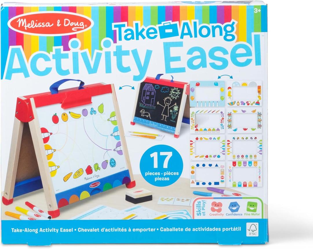 Melissa & Doug Take-Along Double-Sided Wooden Tabletop Activity Art Easel; Portable Travel Toy with Whiteboard, Chalkboard, Arts and Crafts Accessories - FSC Certified