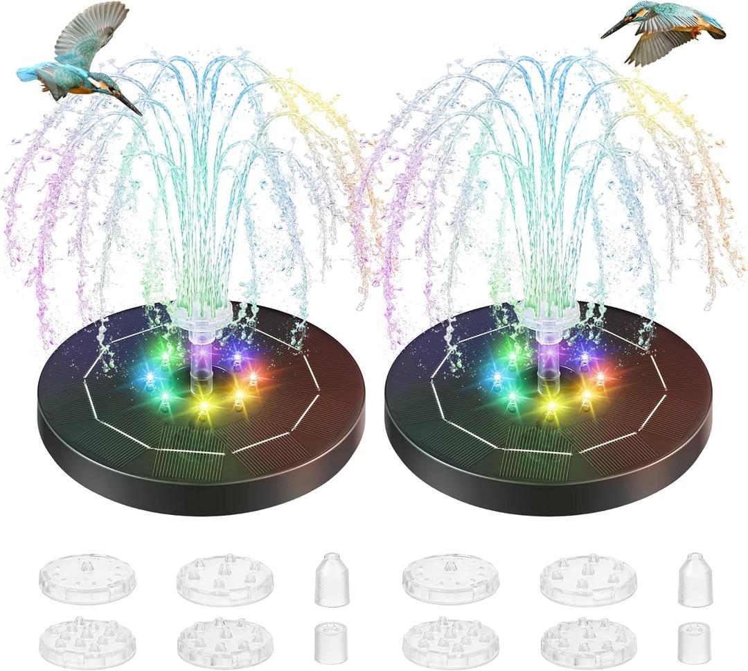 Saillong 2 Pack 5W Solar Bird Bath Fountain Pump with Colorful LED Lights, Battery and Solar Powered Bird Bath Water Fountains with 6 Nozzles, Floating Fountain Pump for Bird Bath Garden, Pond