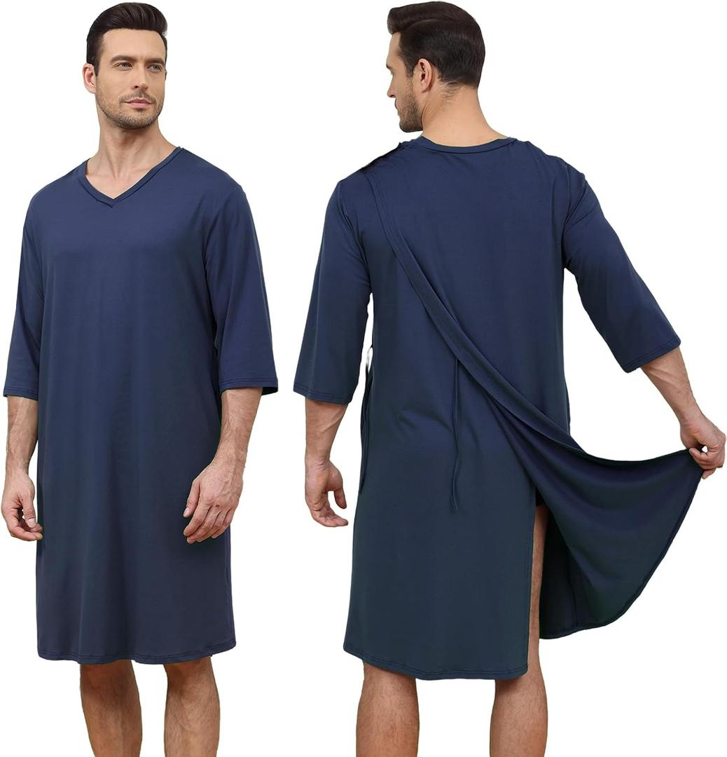 Soft Elastic Men's Hospital Gown with Shoulder Snaps, Waist Drawstring, Side Pockets, Patient Gown for Men