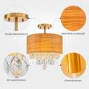 3-Light Drum Wood & K9 Crystal Ceiling Lights, Farmhouse Style Semi-Flushmount Light Fixture for Dining Room, Living Room & Bedroom, D12 * H14 inch, Solid Wood Lampshade & Gold Finish