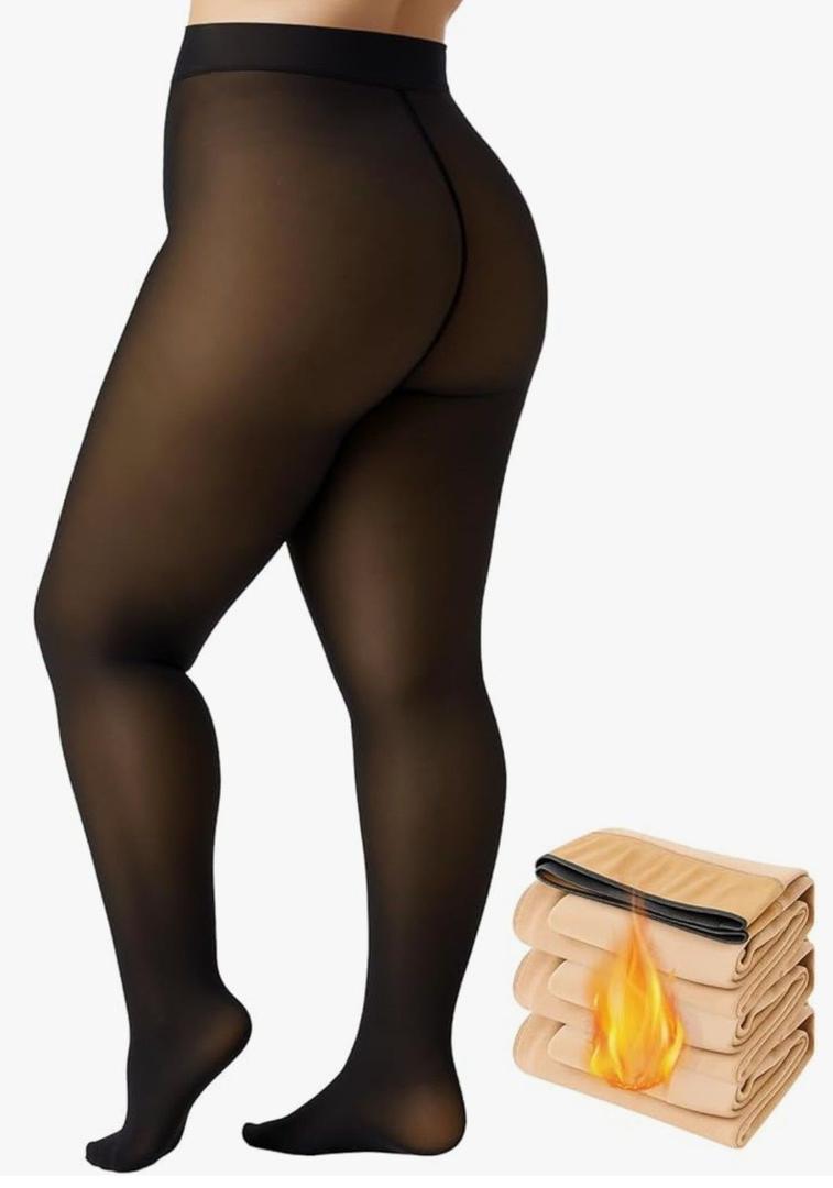 Plus Size Fleece Lined Tights Women, 300g Warm Pantyhose Leggings, Fake Translucent Thermal Tights Winter 3-4XL