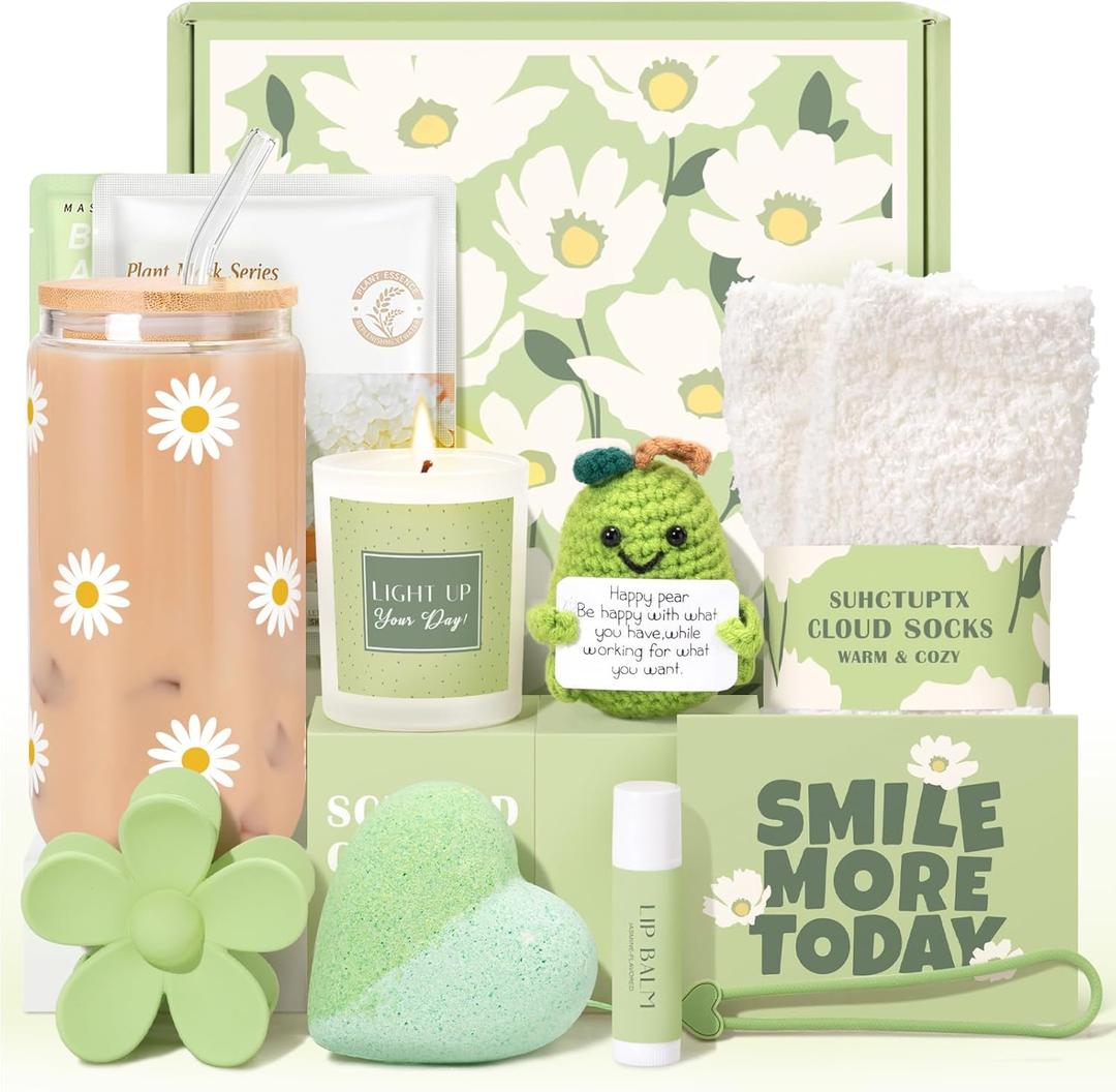 Gift Baskets for Women, 11pcs Unique Happy Birthday Gifts for Women, Best Inspirational Get Well Christmas Ideas Box w/Daisy Cup Her Teen Girl Sister Friend Friendship Mom - BRIGHTEN UP HER DAY! (Green)