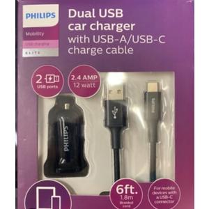 The product is a Philips Dual USB car charger with a USB-A and USB-C charge cable.
It has two USB ports and provides 2.4 AMPs and 12 watts of power. 
The included braided cable is 6 feet (1.8 meters) long.