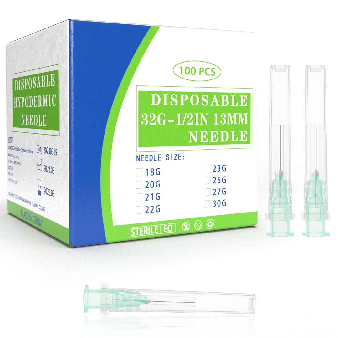 32Ga 1/2 Inch Luer Lock Needle with Cap - Disposable 32G Needles for Precision Refilling of Glues, Inks, and Adhesives, Sterile Individually Wrapped, Box of 100