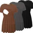 Bearsland Womens Nursing Top 3pack Short Sleeve Scoop Neck Nursing Shirt Breastfeeding Shirts (Large, Black & Iron Grey & Mocha Brown)