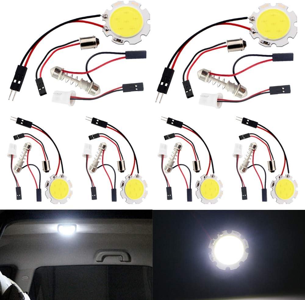 YM E-Bright 6-Pack Cool White COB 6-SMD Led Panel Dome Light Auto Car Reading Map Light Bulb DC 12V With T10 / BA9S / Festoon Adapters
