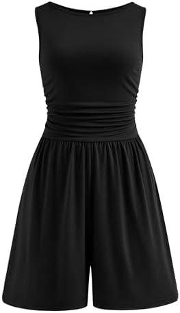 PRETTYGARDEN Summer Rompers for Women 2026 Dressy Casual Sleeveless Short Wide Leg Jumpsuits Beach Vacation One Piece Spring Outfits(Black, XS)