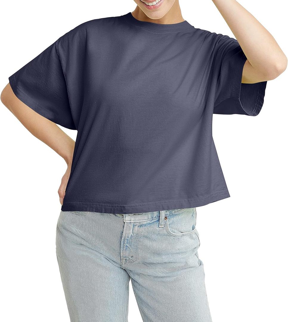 Hanes Womens Originals Garment Washed Cropped T-Shirt, Crewneck Crop Tees for Women (L)